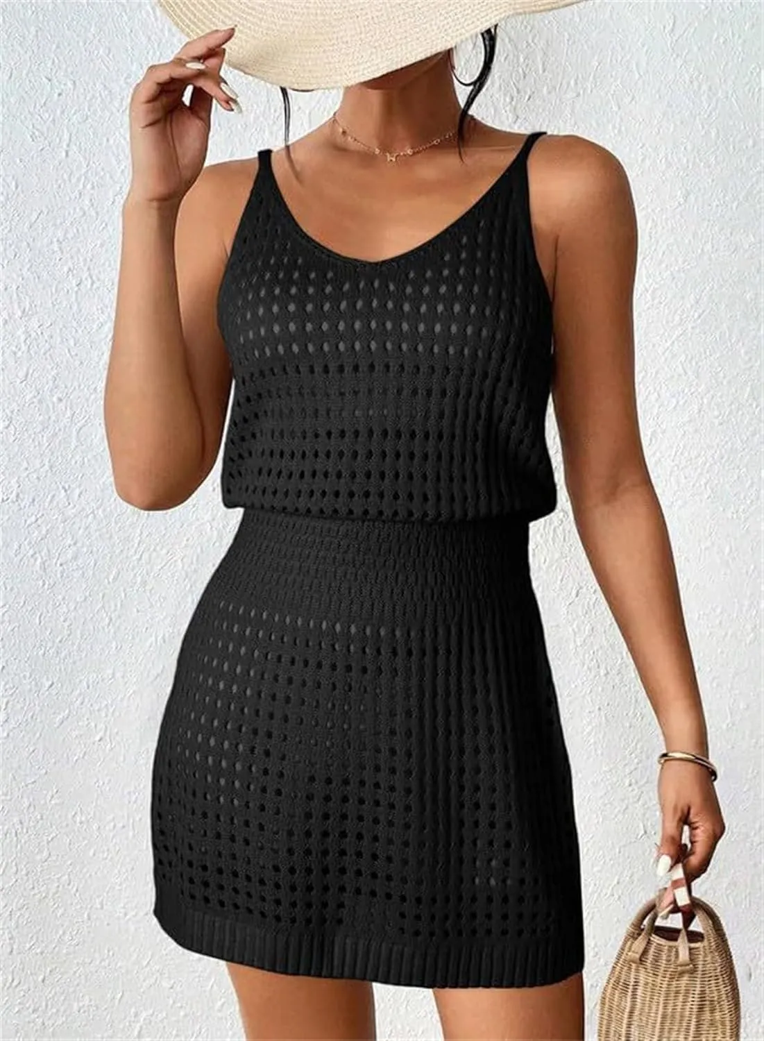 Swimsuit Coverup for Women Casual Crochet Hollow Out Knit Beach Bathing Suit Swim Cover Ups Summer Mini Vacation Dresses