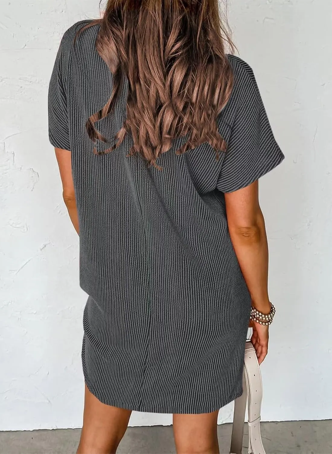 T Shirt Dress for Women Casual Ribbed Mini Tshirt Dress Crewneck Short Sleeve Striped Textured Dresses Fashion Dresses