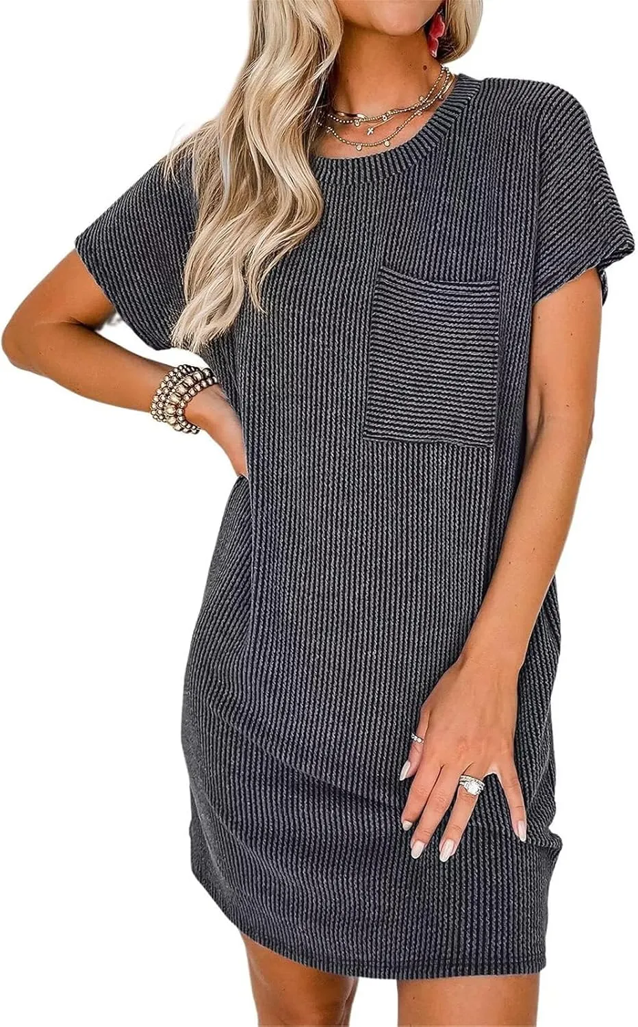 T Shirt Dress for Women Casual Ribbed Mini Tshirt Dress Crewneck Short Sleeve Striped Textured Dresses Fashion Dresses