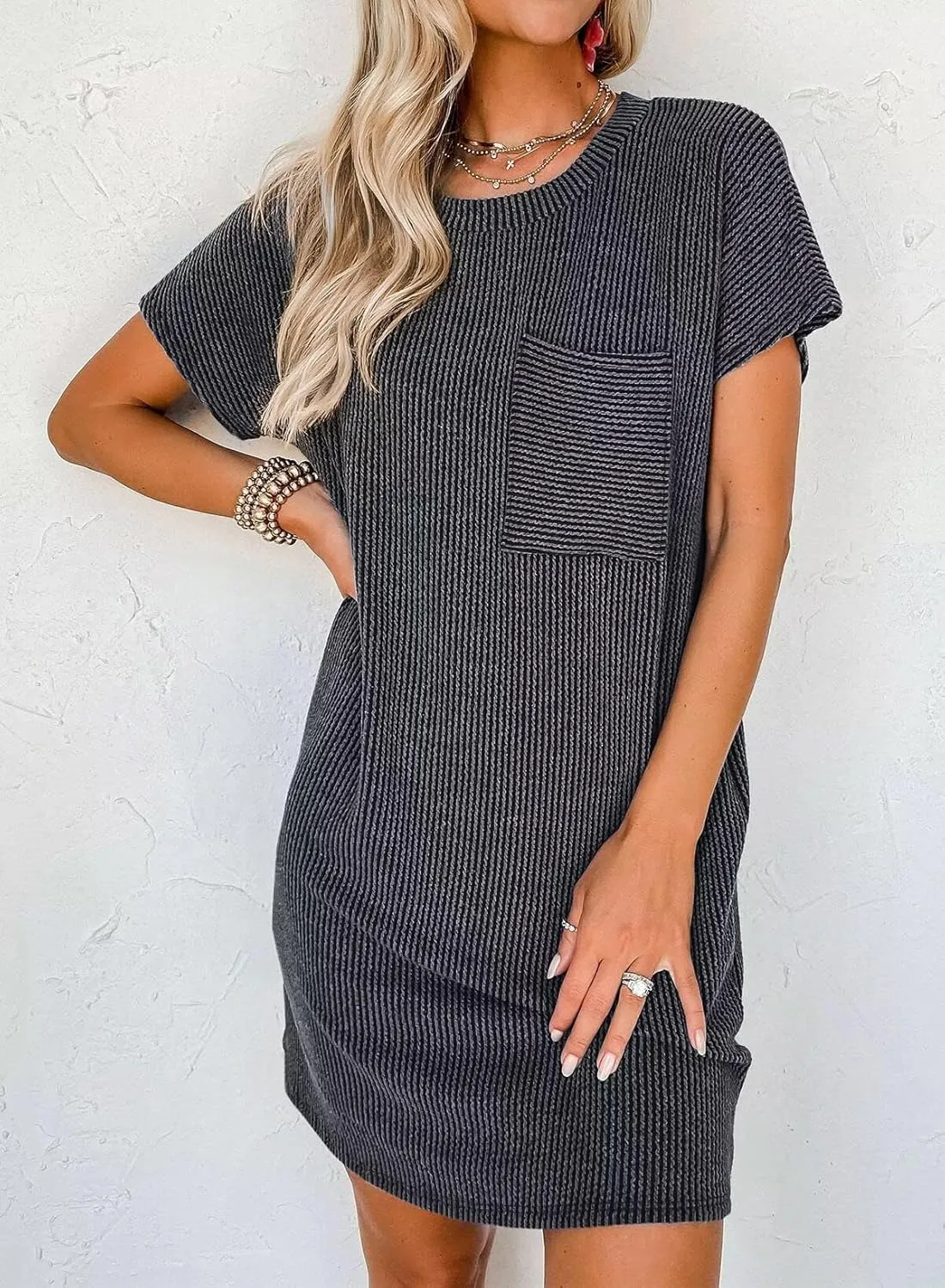 T Shirt Dress for Women Casual Ribbed Mini Tshirt Dress Crewneck Short Sleeve Striped Textured Dresses Fashion Dresses