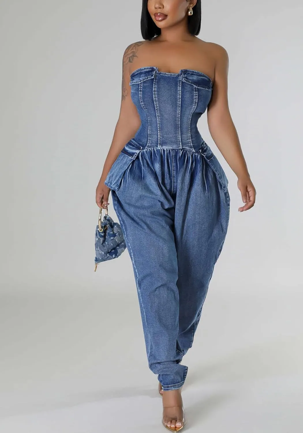 Tbahhir Women's Sexy Cargo Denim Jumpsuit Off Shoulder Sleeveless Romper Baggy Overalls Casual Tube Denim Pants Outfit