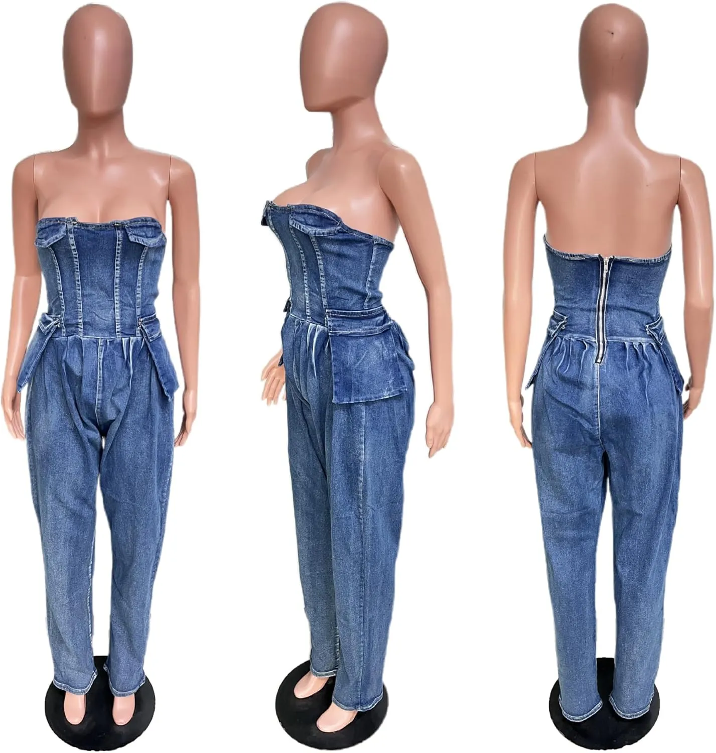 Tbahhir Women's Sexy Cargo Denim Jumpsuit Off Shoulder Sleeveless Romper Baggy Overalls Casual Tube Denim Pants Outfit