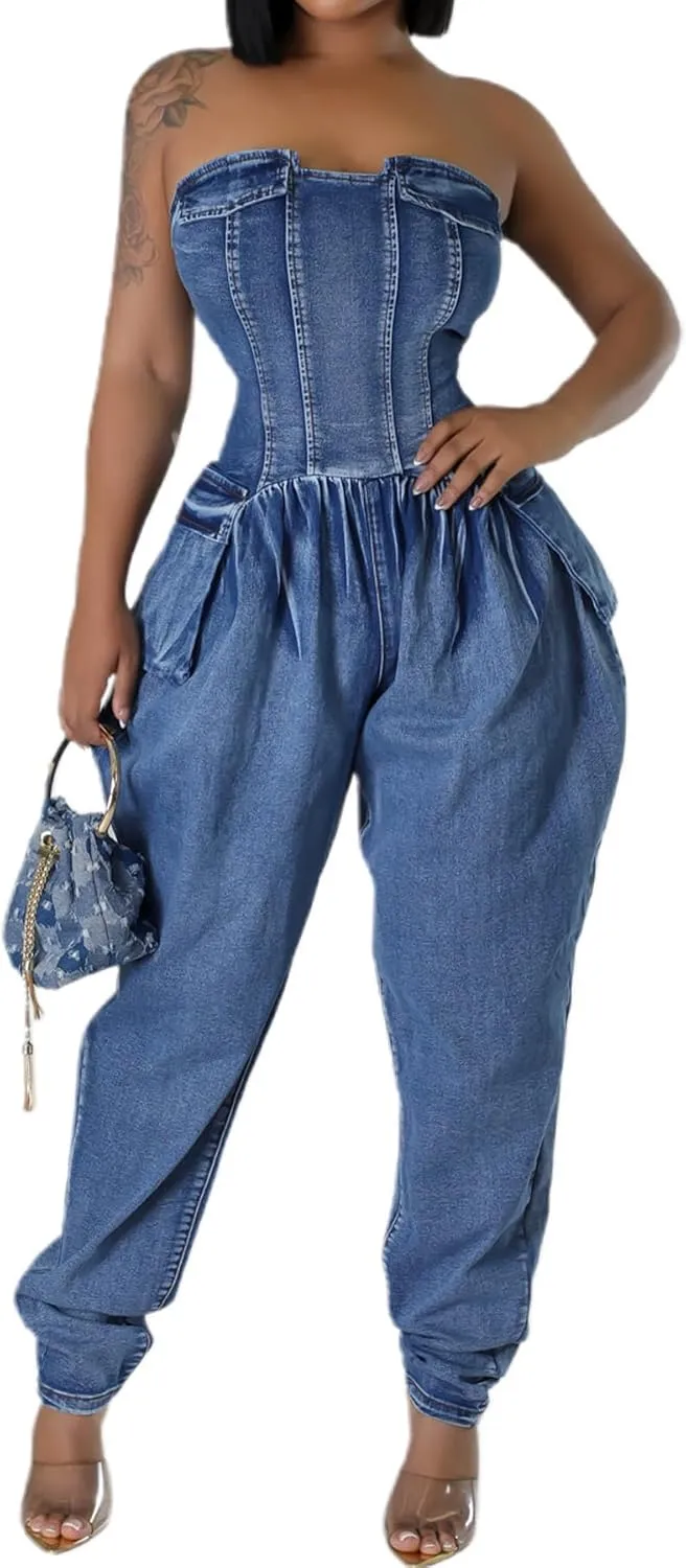 Tbahhir Women's Sexy Cargo Denim Jumpsuit Off Shoulder Sleeveless Romper Baggy Overalls Casual Tube Denim Pants Outfit
