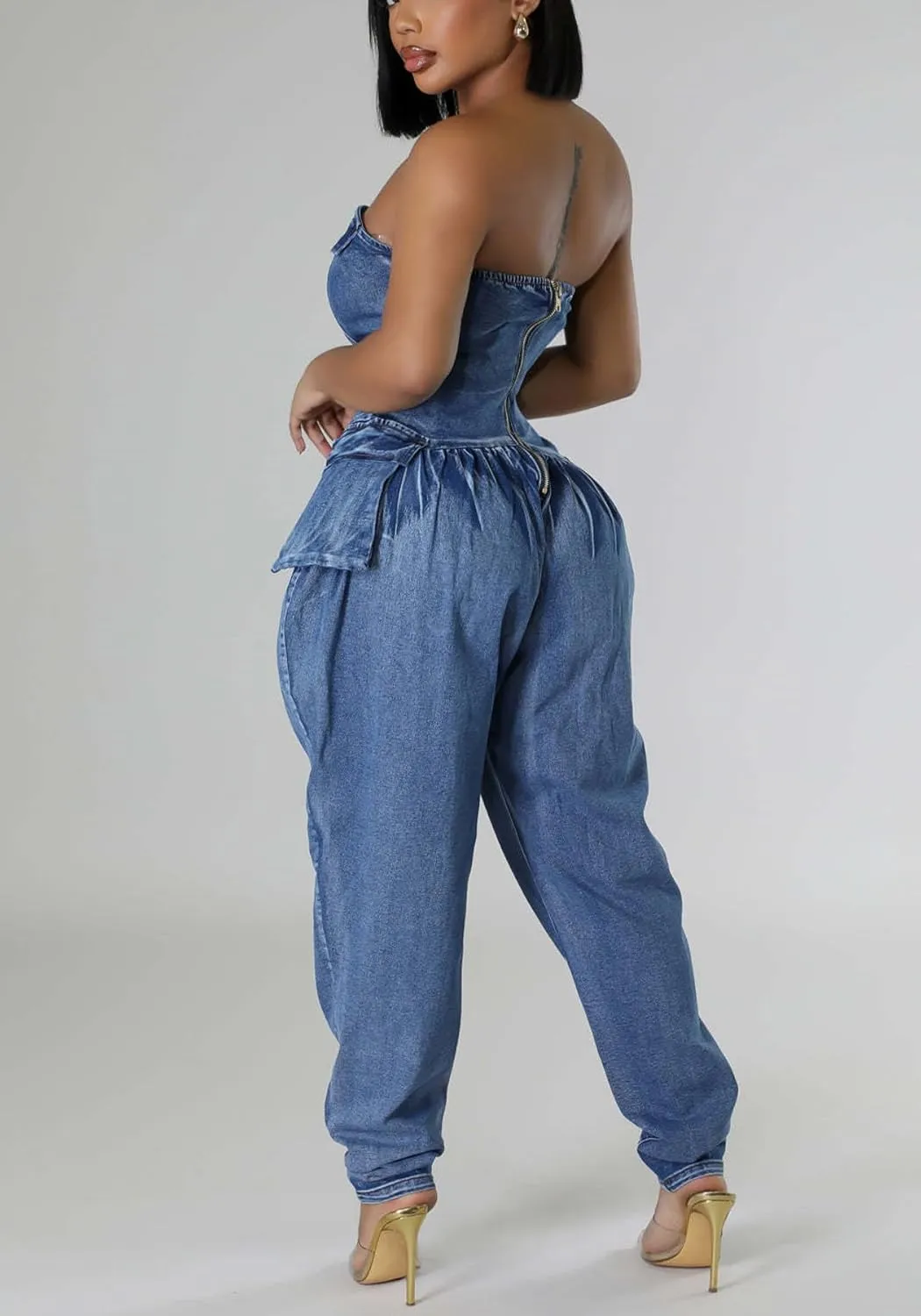 Tbahhir Women's Sexy Cargo Denim Jumpsuit Off Shoulder Sleeveless Romper Baggy Overalls Casual Tube Denim Pants Outfit