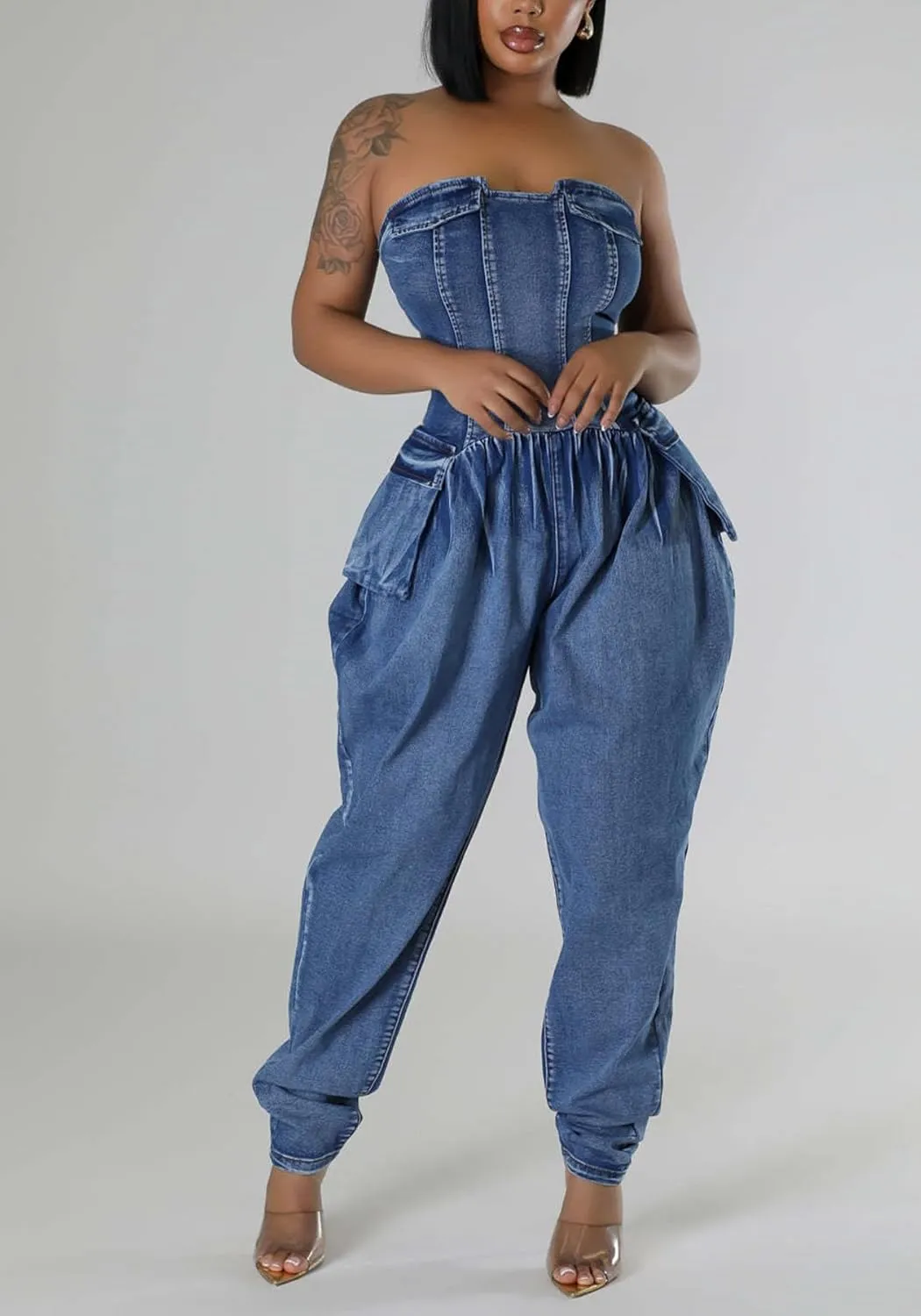 Tbahhir Women's Sexy Cargo Denim Jumpsuit Off Shoulder Sleeveless Romper Baggy Overalls Casual Tube Denim Pants Outfit