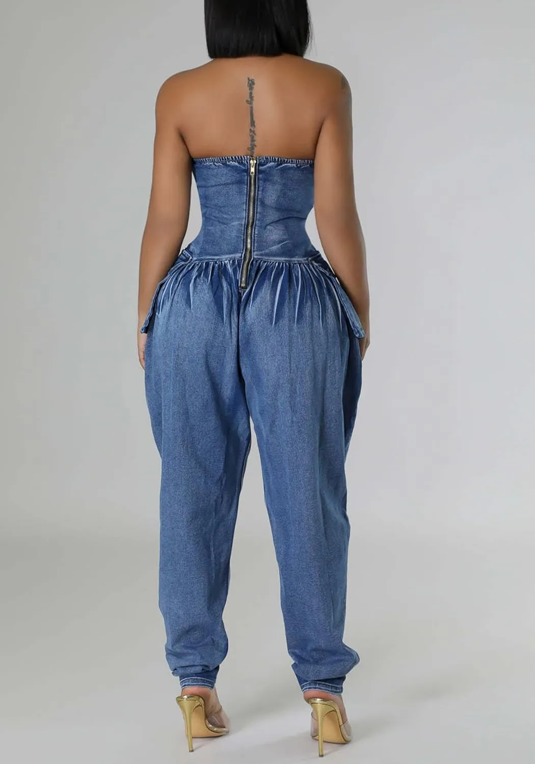 Tbahhir Women's Sexy Cargo Denim Jumpsuit Off Shoulder Sleeveless Romper Baggy Overalls Casual Tube Denim Pants Outfit
