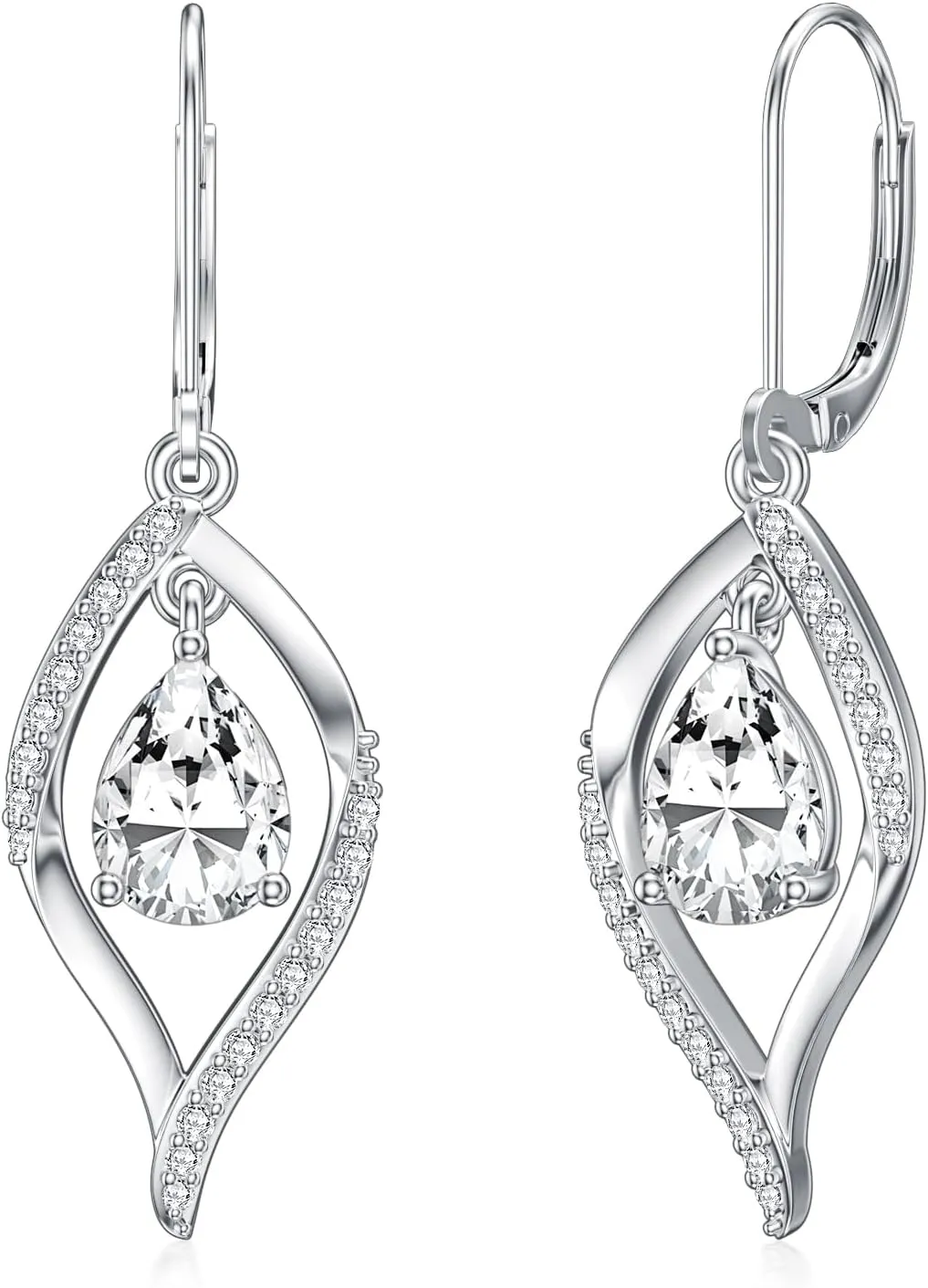 Teardrop Earrings 925 Sterling Silver White Crystal Teardrop Leverback Earrings Sparkly Drop Dangle Dangling Earrings Twisted Jewelry Gift for Women