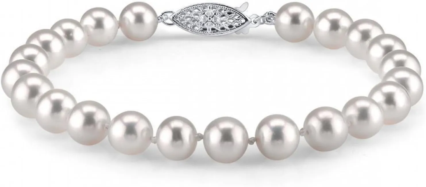 The Pearl Source White Freshwater Pearl Bracelet for Women - Cultured Pearl Bracelet in 14k Gold Plated Sterling Silver Clasp with Genuine Cultured Pearls, 8.0"
