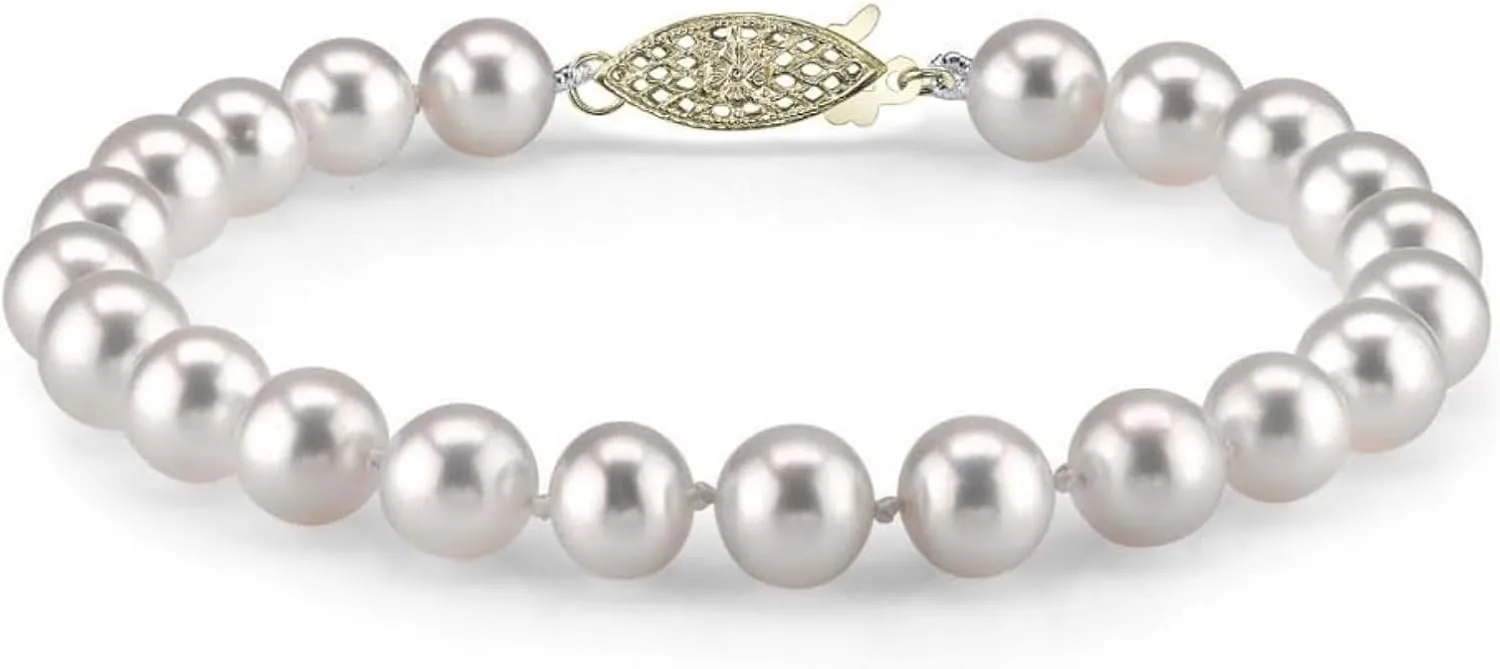 The Pearl Source White Freshwater Pearl Bracelet for Women - Cultured Pearl Bracelet in 14k Gold Plated Sterling Silver Clasp with Genuine Cultured Pearls