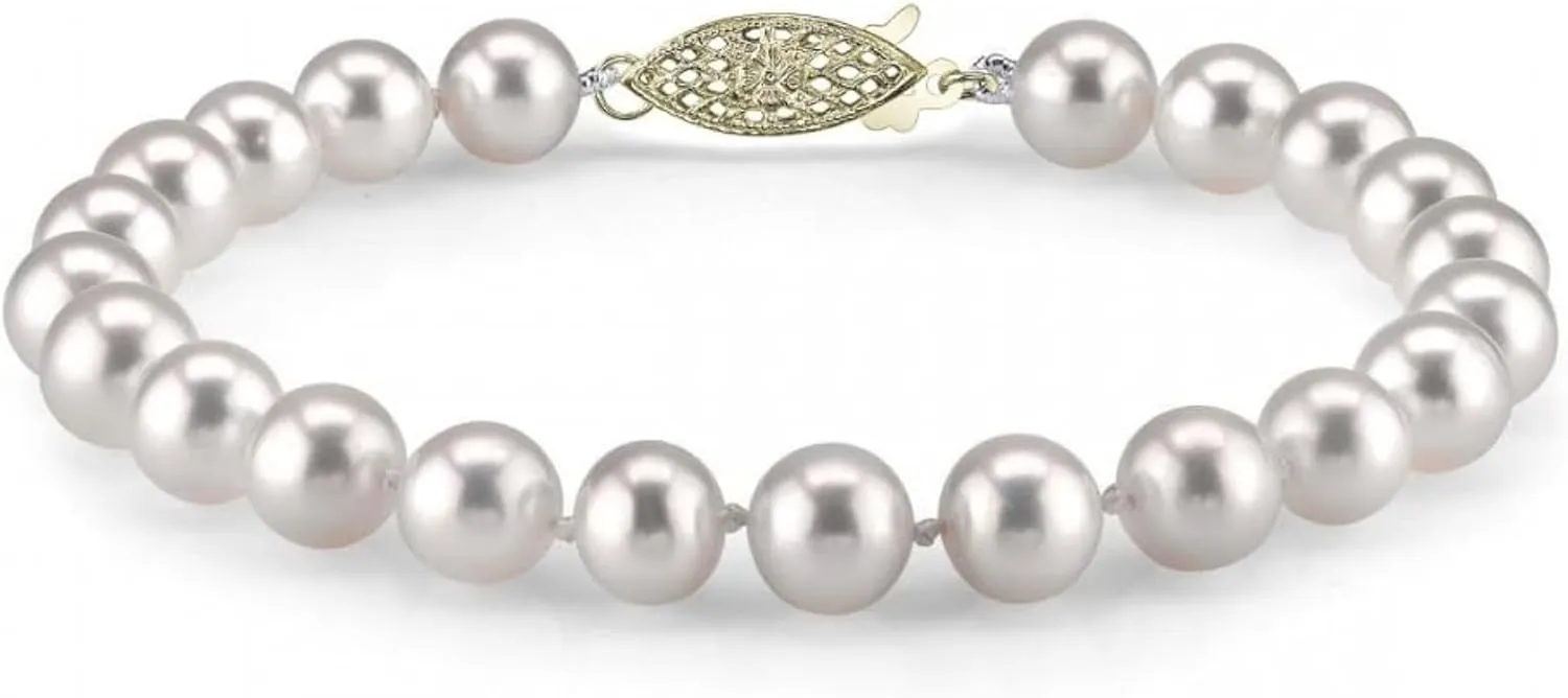 The Pearl Source White Freshwater Pearl Bracelet for Women - Cultured Pearl Bracelet with 14k Gold Plated Clasp with Genuine Cultured Pearls, 7.0-7.5mm Pearl Gifts for Anniversary