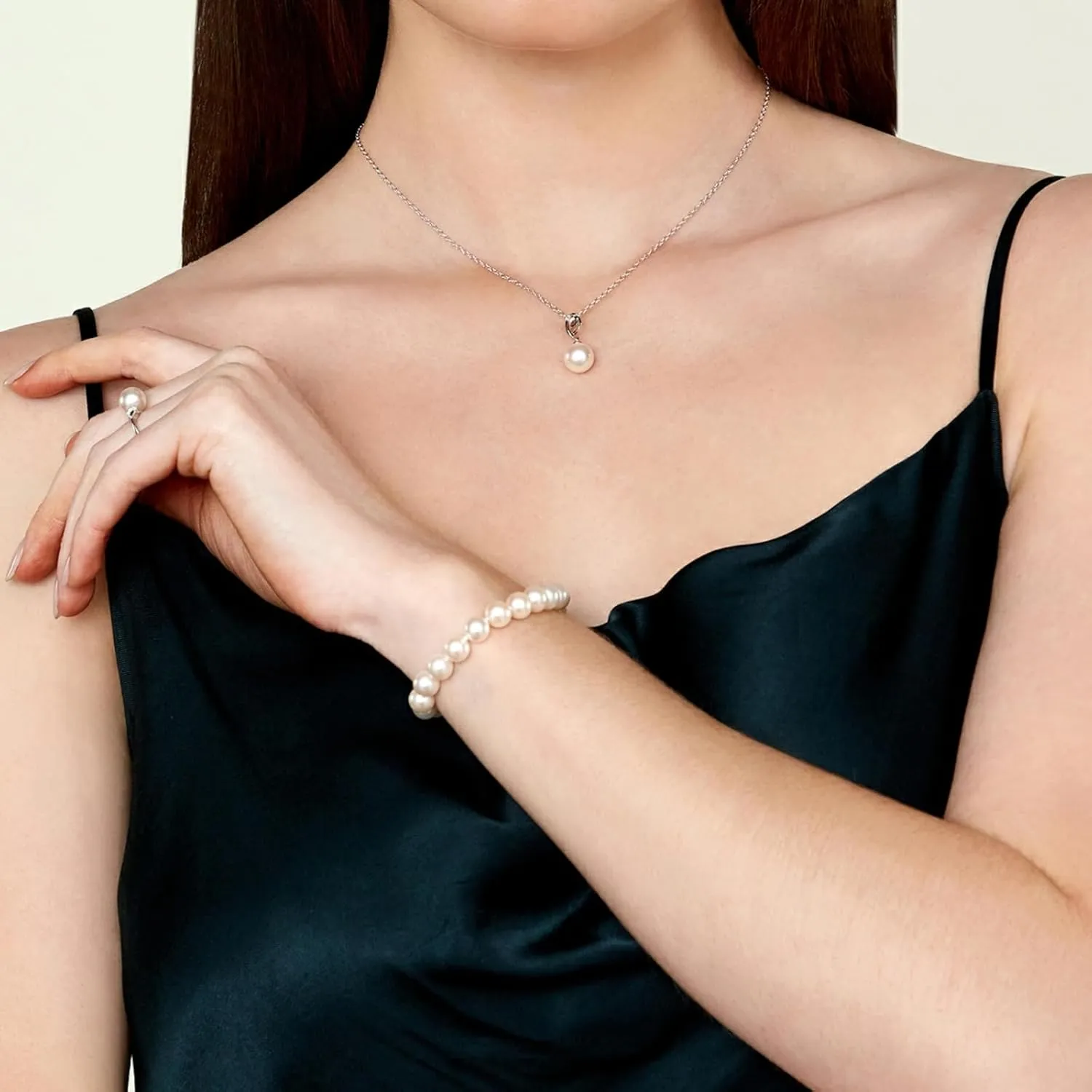 The Pearl Source White Freshwater Pearl Bracelet for Women with Genuine Cultured Pearls, 7.0-7.5mm