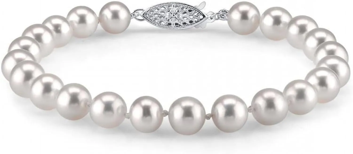 The Pearl Source White Freshwater Pearl Bracelet for Women with Genuine Cultured Pearls, 7.0-7.5mm