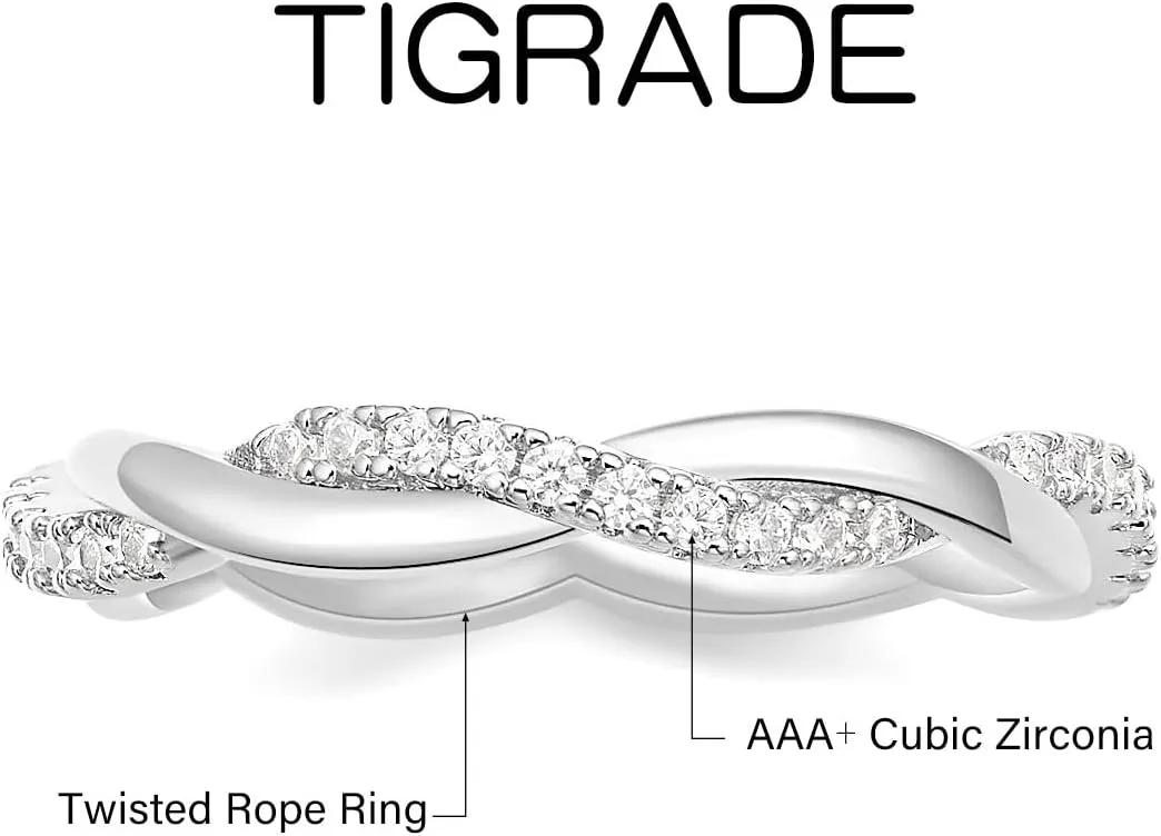 TIGRADE Women Eternity Ring Twisted Rope Cubic Zirconia Engagement Wedding Band Size 4-12