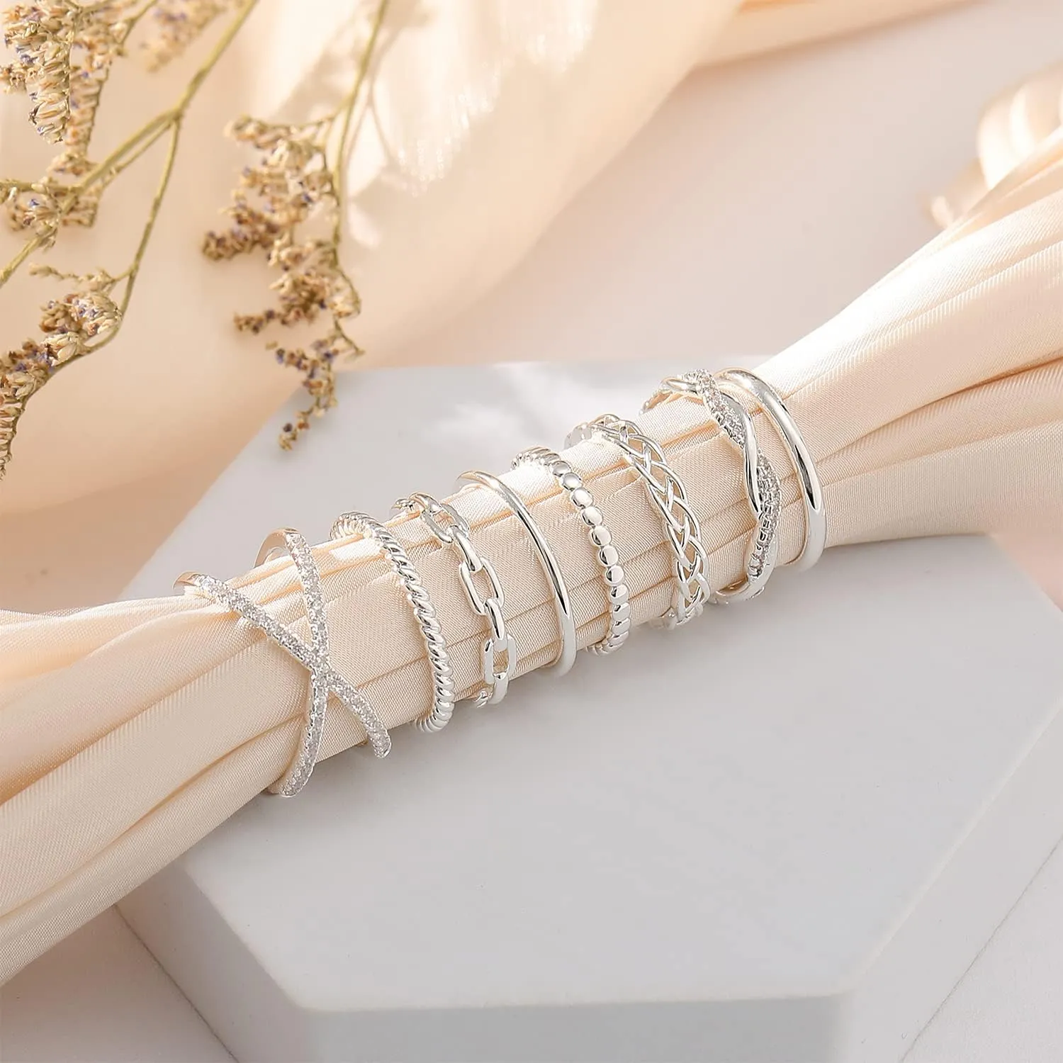 TOBENY 8PCS 14K Rings for Women Stackable Knuckle Rings Size 4 to Size 12 Rings 1.5mm- 3.8mm Midi Stacking Eternity Wedding Rings