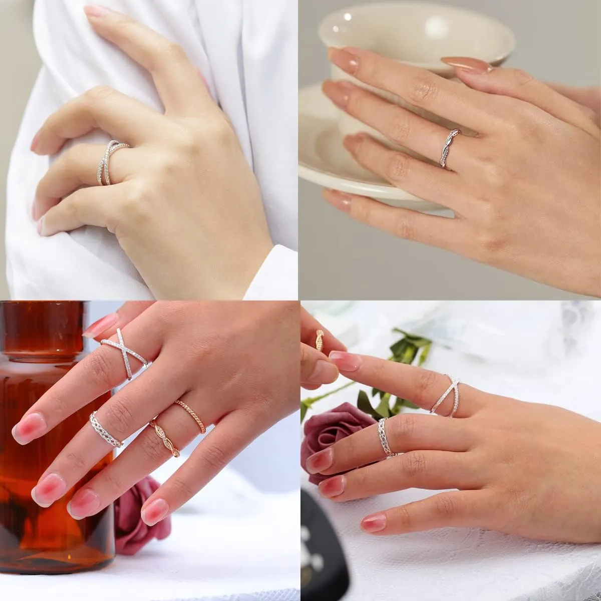 TOBENY 8PCS 14K Rings for Women Stackable Knuckle Rings Size 4 to Size 12 Rings 1.5mm- 3.8mm Midi Stacking Eternity Wedding Rings