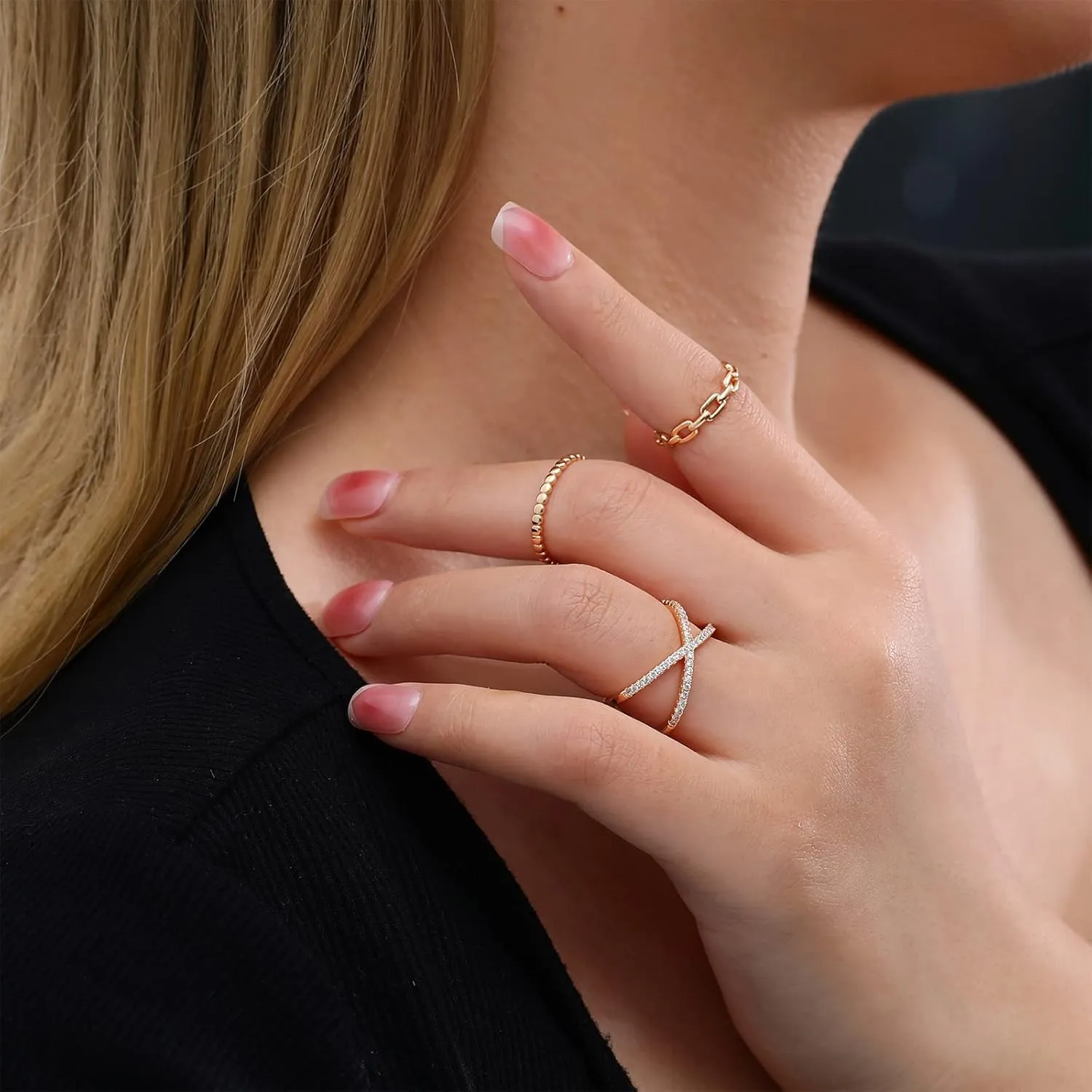 TOBENY 8PCS 14K Rings for Women Stackable Knuckle Rings Size 4 to Size 12 Rings 1.5mm- 3.8mm Midi Stacking Eternity Wedding Rings