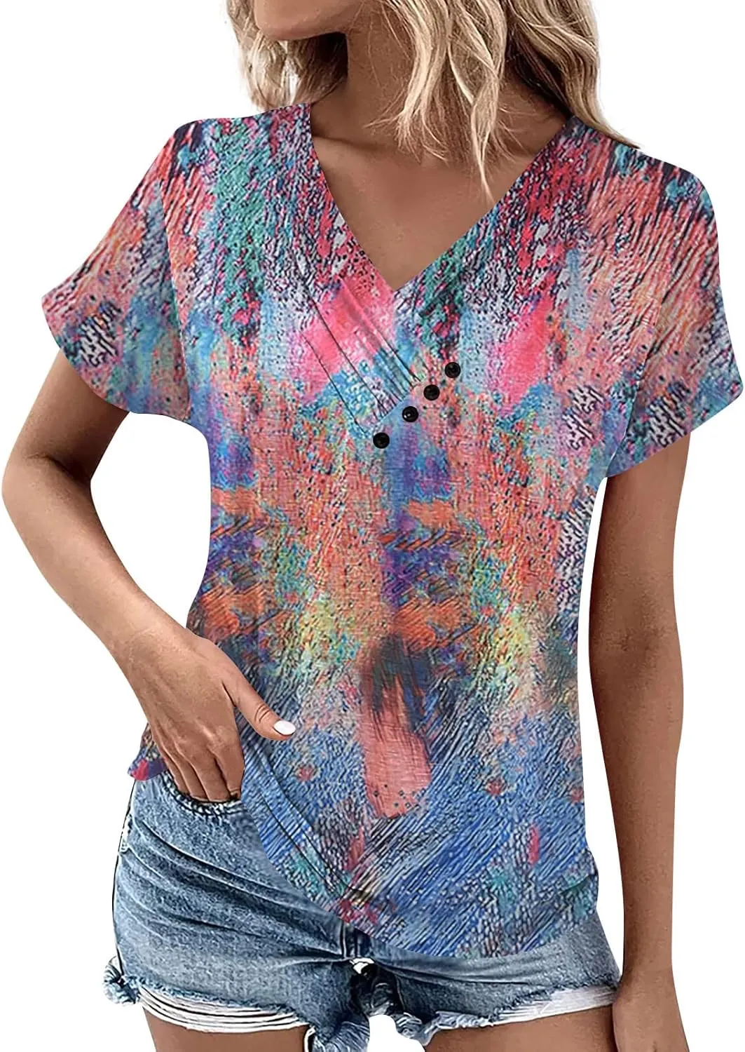Tops for Womens Plus Size Short Sleeve Casual Pullover V Neck Fashion Blouse Tees 2024 Summer Button Printed T Shirt