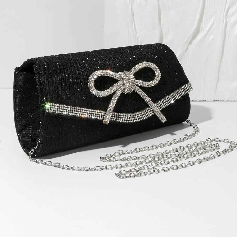 Trendy Bow Evening Bag for Women Shiny Clutch Purses Glitter Rhinestone Wedding Prom Party Clutch Bags Dressy Handbags