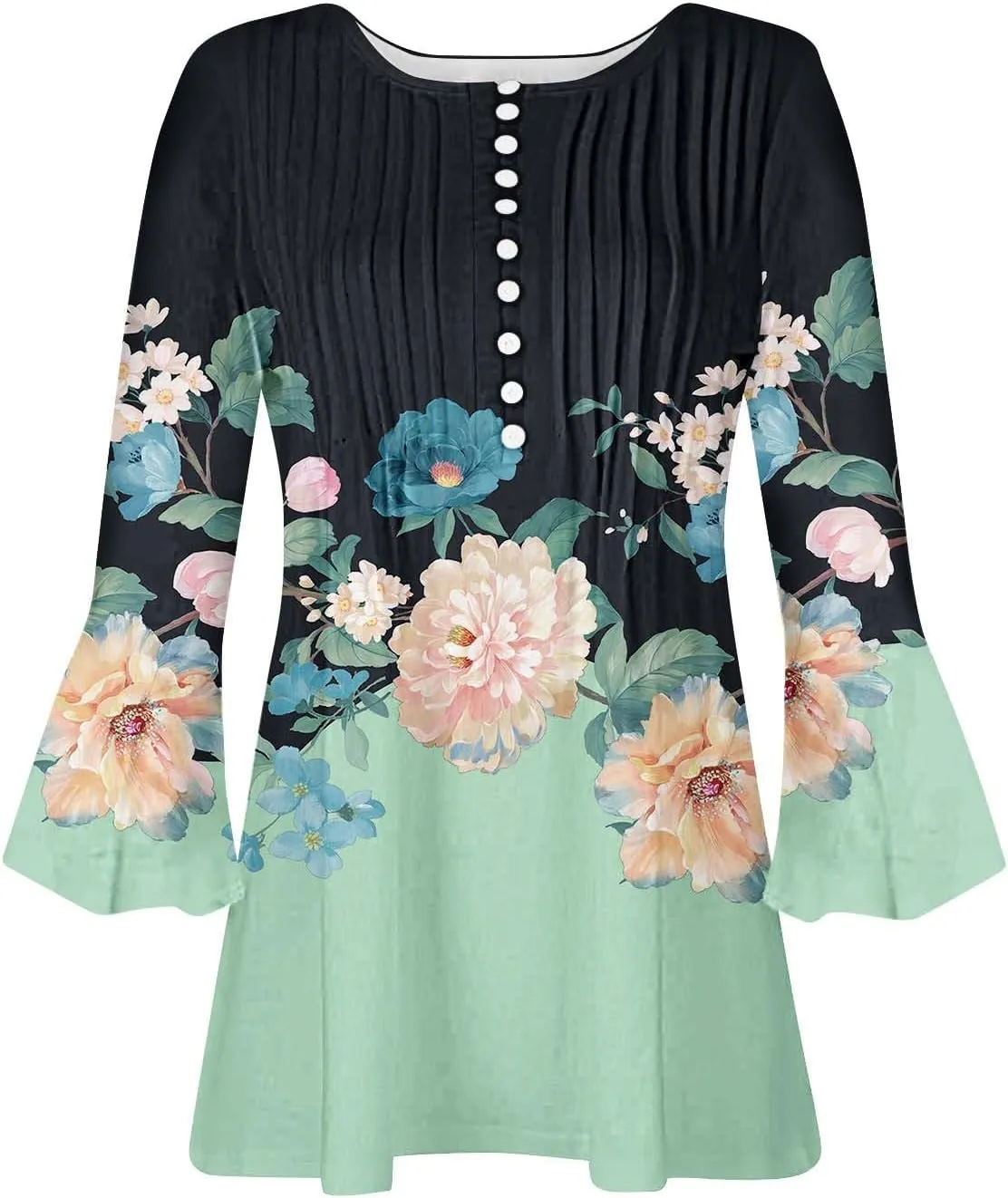 Trendy Tops for Women 2024 Boho Floral Print Empire Waist 3/4 Sleeve Button Down Shirts Casual Loose Bohemian Blouses
