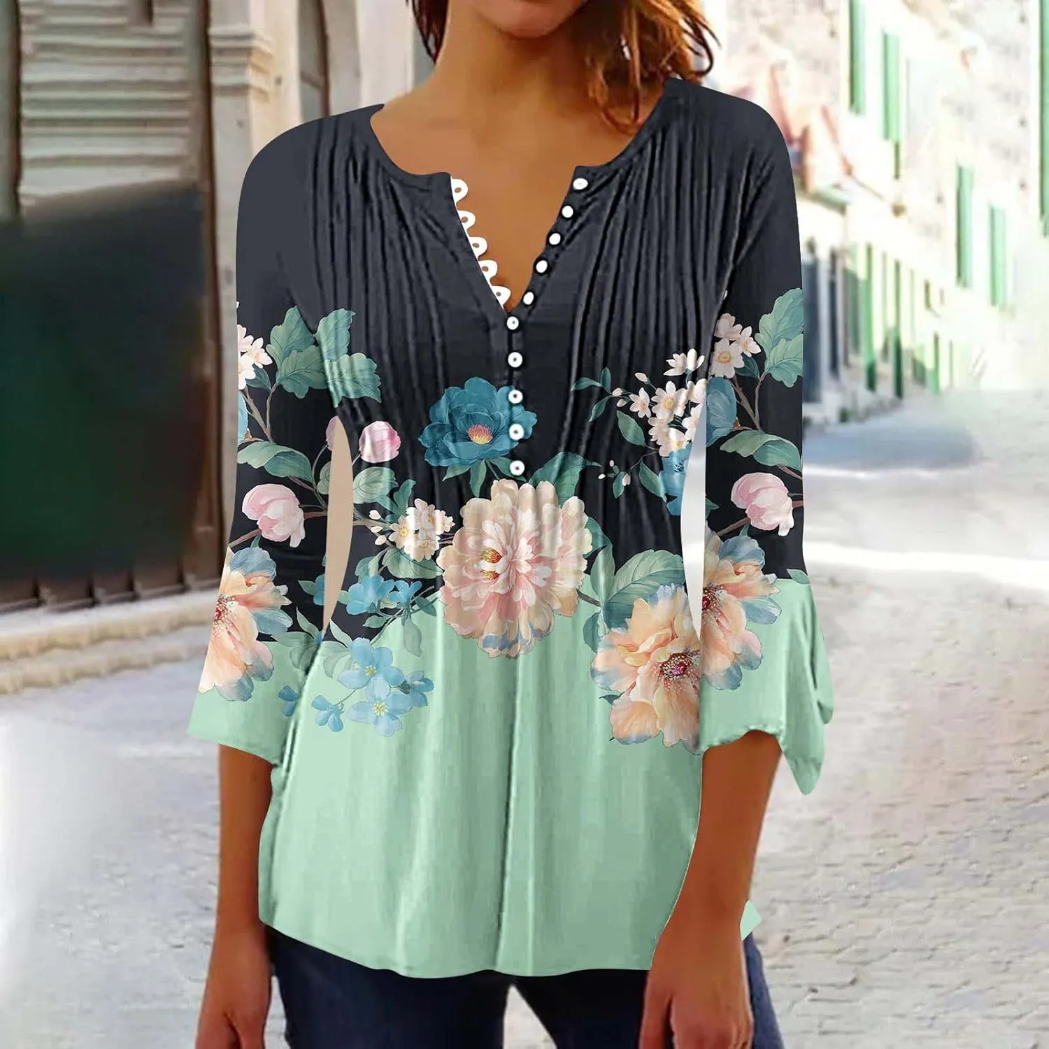 Trendy Tops for Women 2024 Boho Floral Print Empire Waist 3/4 Sleeve Button Down Shirts Casual Loose Bohemian Blouses