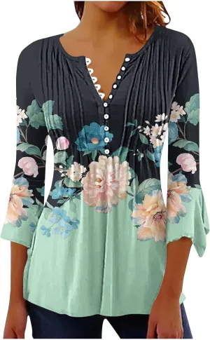 Trendy Tops for Women 2024 Boho Floral Print Empire Waist 3/4 Sleeve Button Down Shirts Casual Loose Bohemian Blouses