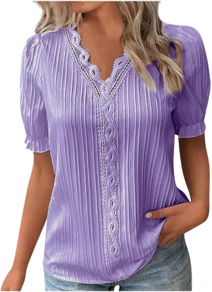 Tunic Tops for Women Casual Spring Womens Lace V Neck Puff Short Sleeve Pleated T-Shirts Summer Tops Tunic Blouse