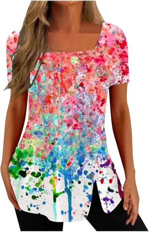 Tunic Tops for Women Trendy 2024 Boho Floral Print Summer Shirts Dressy Casual Square Neck Short Sleeve Blouses