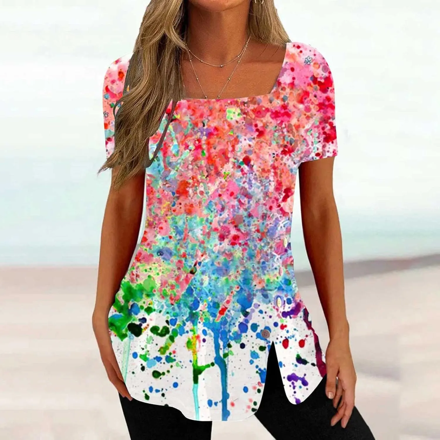 Tunic Tops for Women Trendy 2024 Boho Floral Print Summer Shirts Dressy Casual Square Neck Short Sleeve Blouses