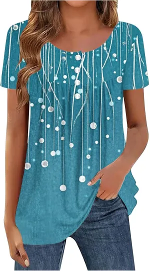 Tunics for Women Trendy Button Crewneck Tops Dressy Short Sleeve Shirts Floral Printed Loose Fit Pleated Boho Tops