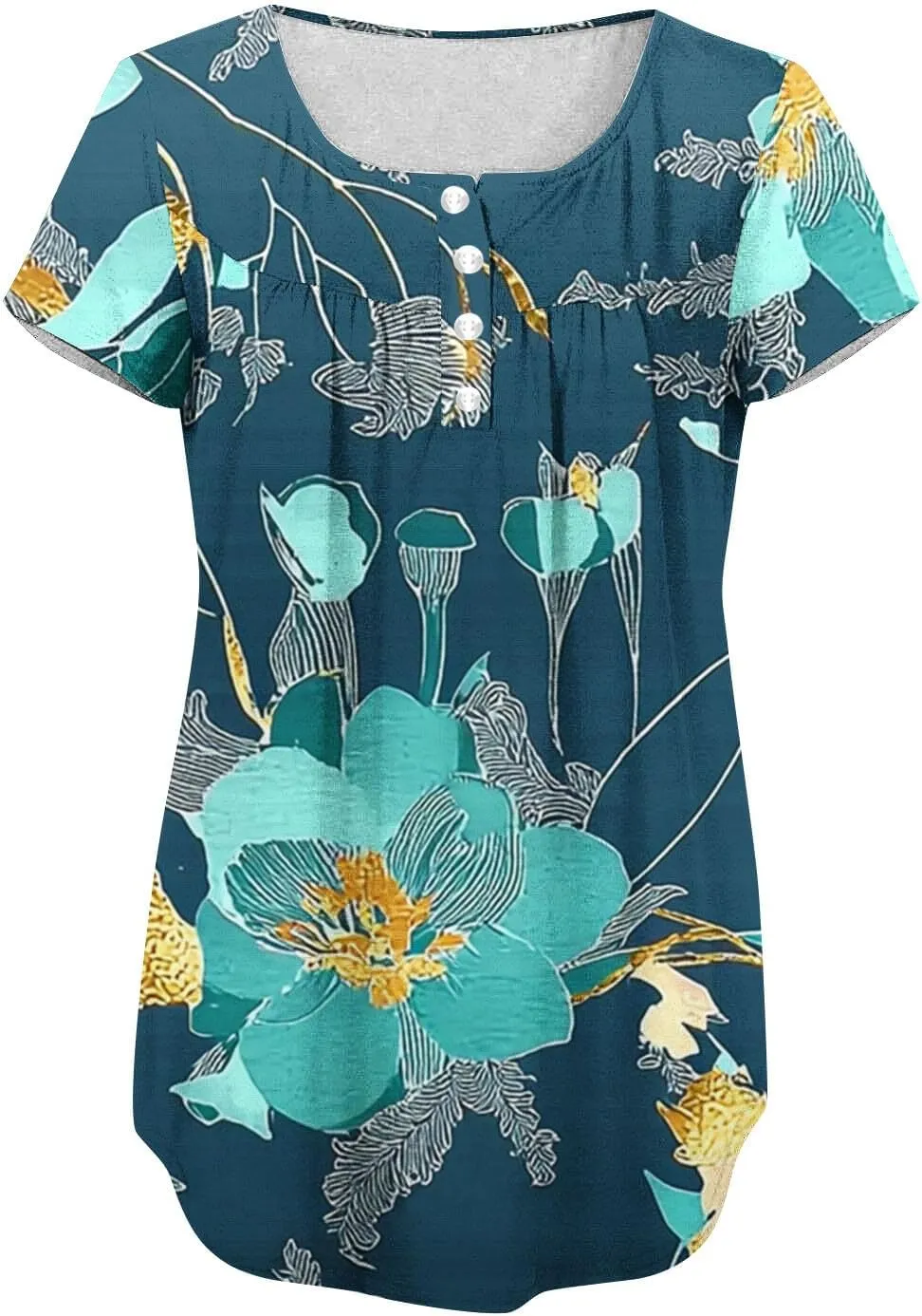 Tunics for Women Trendy Button Crewneck Tops Dressy Short Sleeve Shirts Floral Printed Loose Fit Pleated Boho Tops