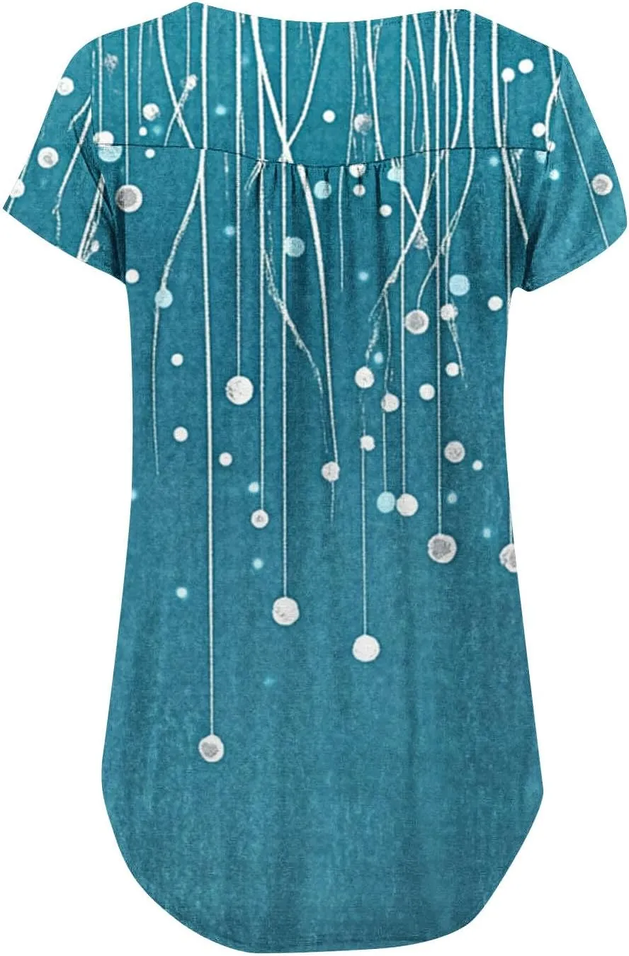 Tunics for Women Trendy Button Crewneck Tops Dressy Short Sleeve Shirts Floral Printed Loose Fit Pleated Boho Tops