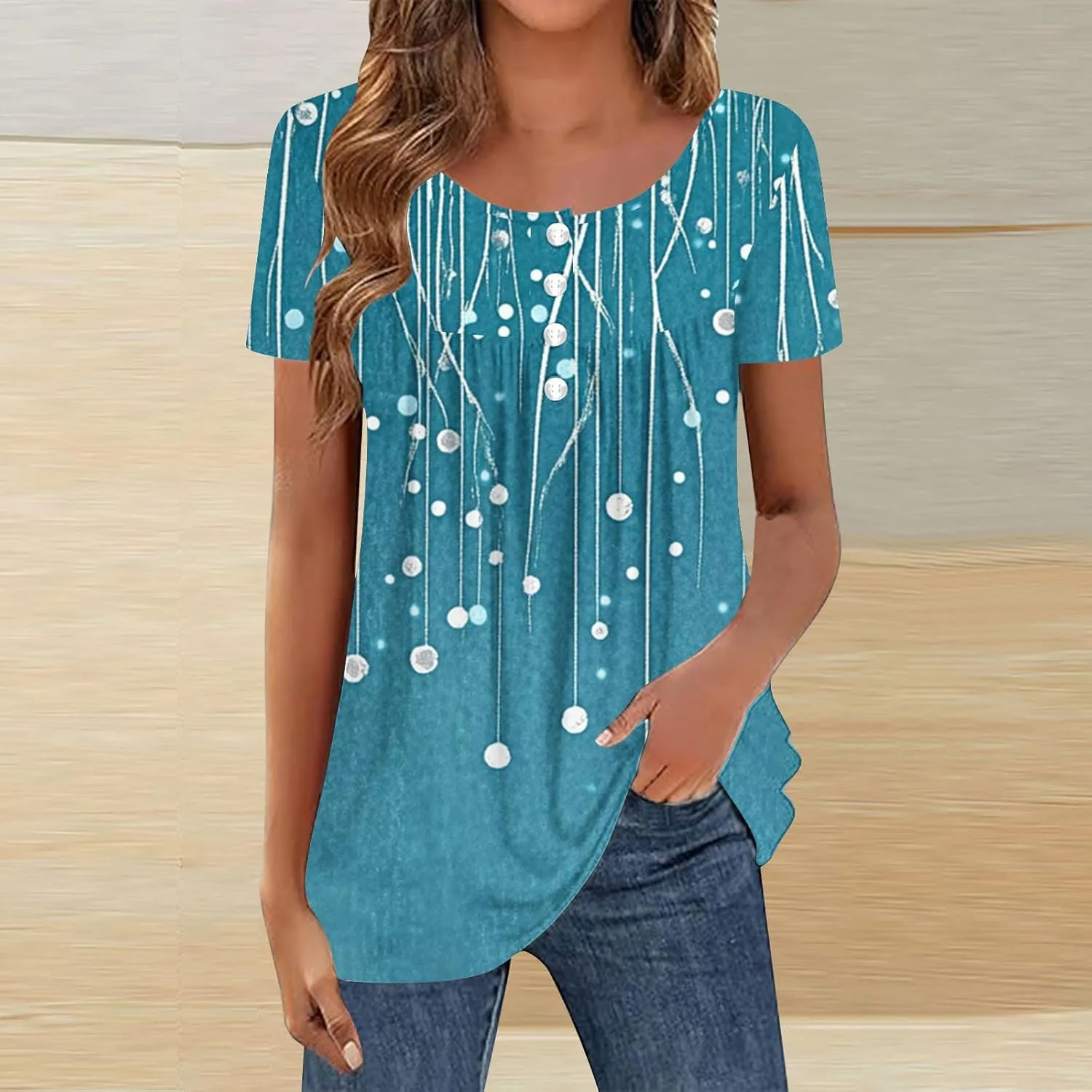 Tunics for Women Trendy Button Crewneck Tops Dressy Short Sleeve Shirts Floral Printed Loose Fit Pleated Boho Tops