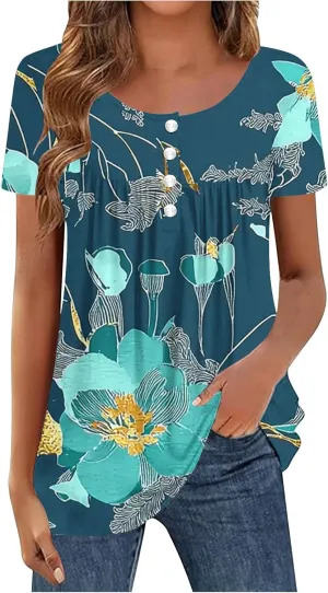 Tunics for Women Trendy Button Crewneck Tops Dressy Short Sleeve Shirts Floral Printed Loose Fit Pleated Boho Tops