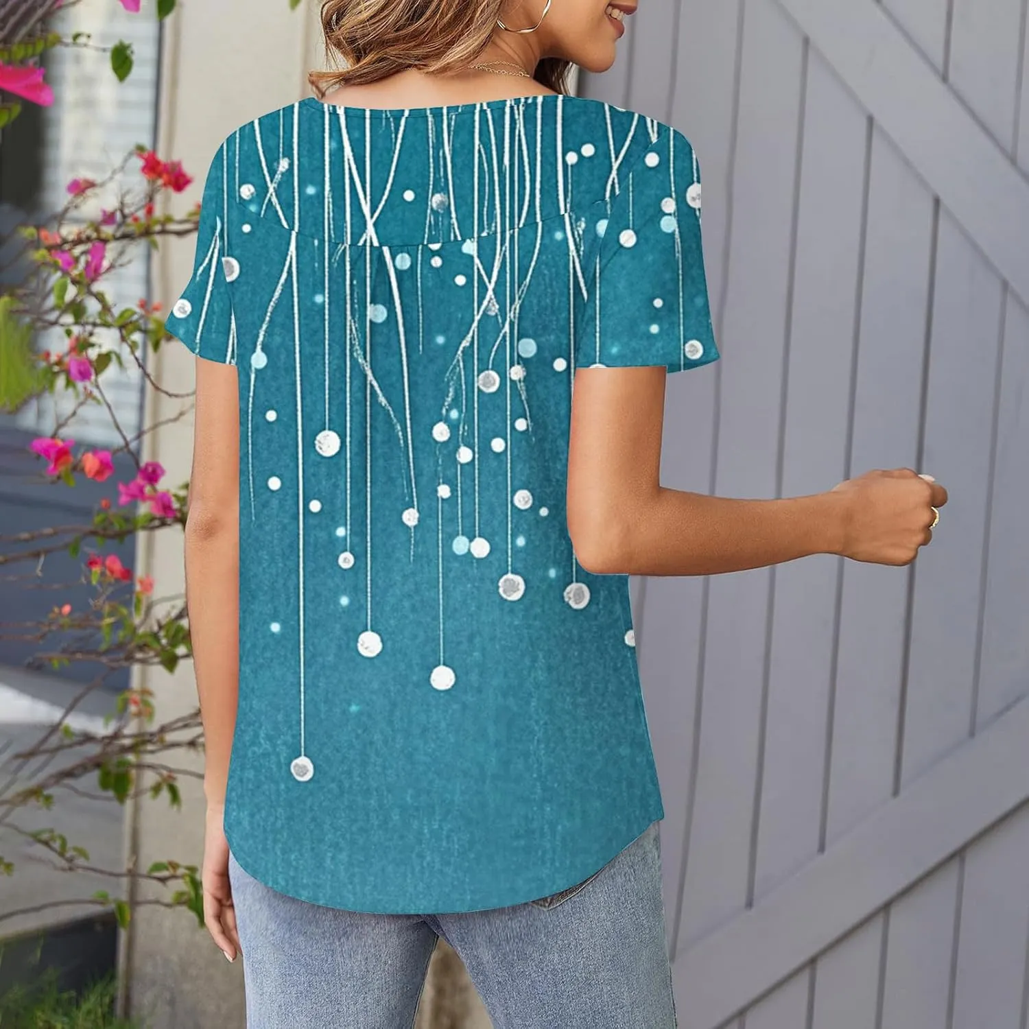 Tunics for Women Trendy Button Crewneck Tops Dressy Short Sleeve Shirts Floral Printed Loose Fit Pleated Boho Tops