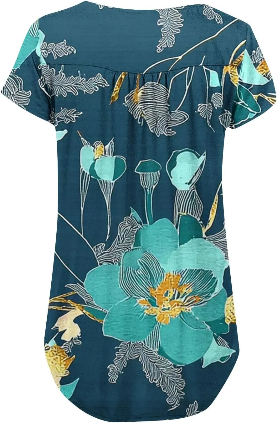 Tunics for Women Trendy Button Crewneck Tops Dressy Short Sleeve Shirts Floral Printed Loose Fit Pleated Boho Tops