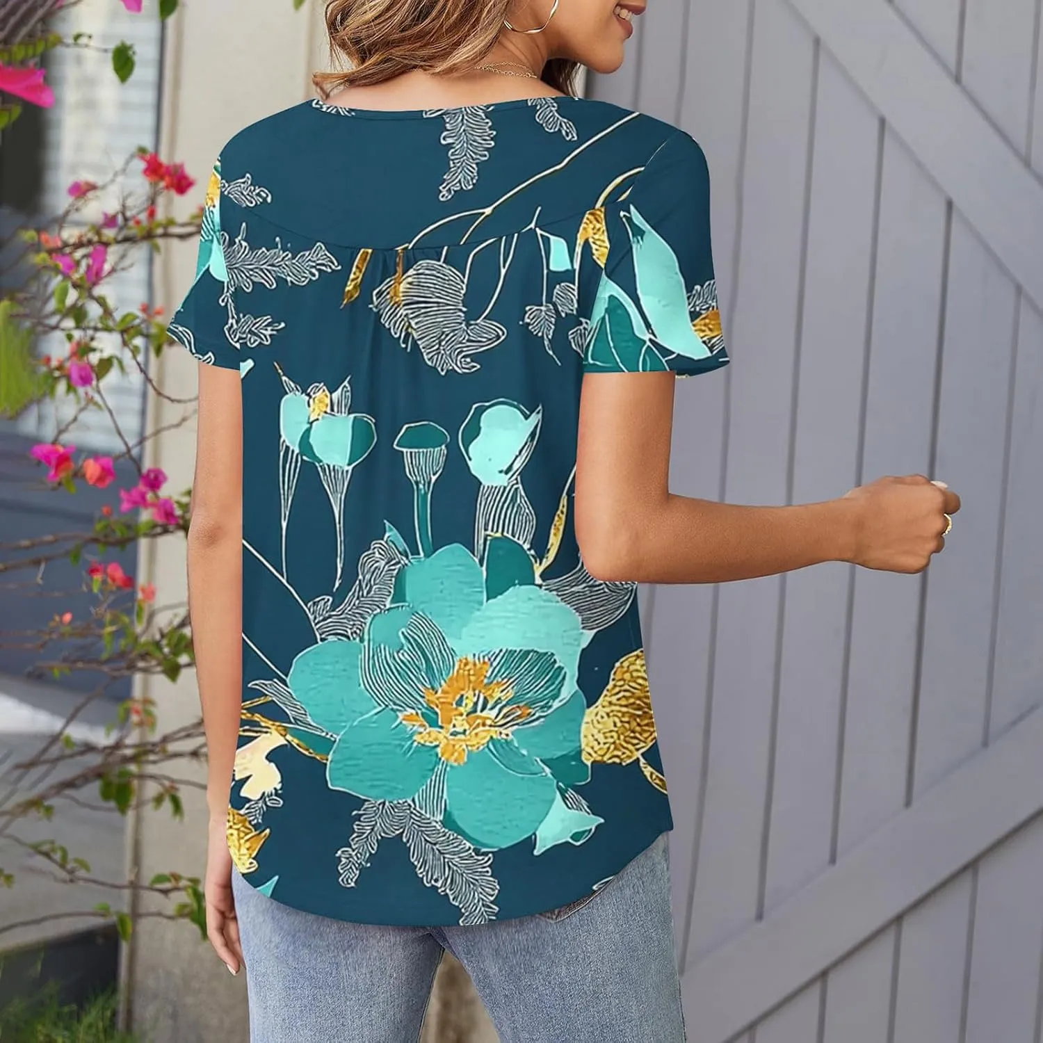 Tunics for Women Trendy Button Crewneck Tops Dressy Short Sleeve Shirts Floral Printed Loose Fit Pleated Boho Tops