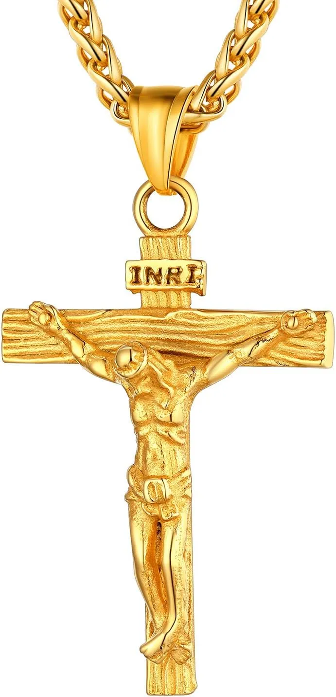 U7 Men Crucifix Cross Pendant with Chain Baptism Christian Jewelry Stainless Steel/18K Gold Antique Jesus Necklace, Gift Packed,Length 22"