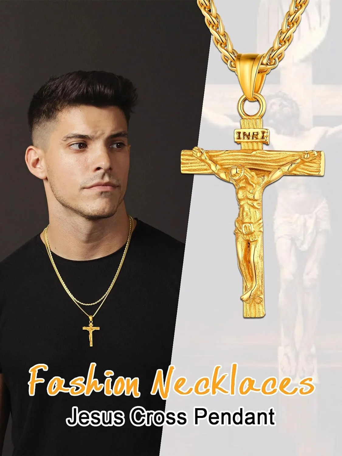 U7 Men Crucifix Cross Pendant with Chain Baptism Christian Jewelry Stainless Steel/18K Gold Antique Jesus Necklace, Gift Packed,Length 22"