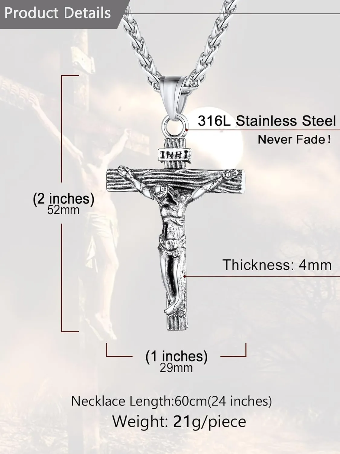 U7 Men Crucifix Cross Pendant with Chain Baptism Christian Jewelry Stainless Steel/18K Gold Antique Jesus Necklace, Gift Packed,Length 22"
