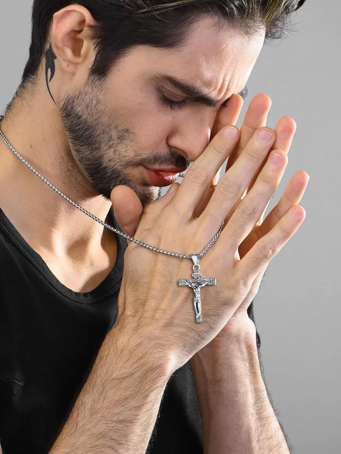 U7 Men Crucifix Cross Pendant with Chain Baptism Christian Jewelry Stainless Steel/18K Gold Antique Jesus Necklace, Gift Packed,Length 22"