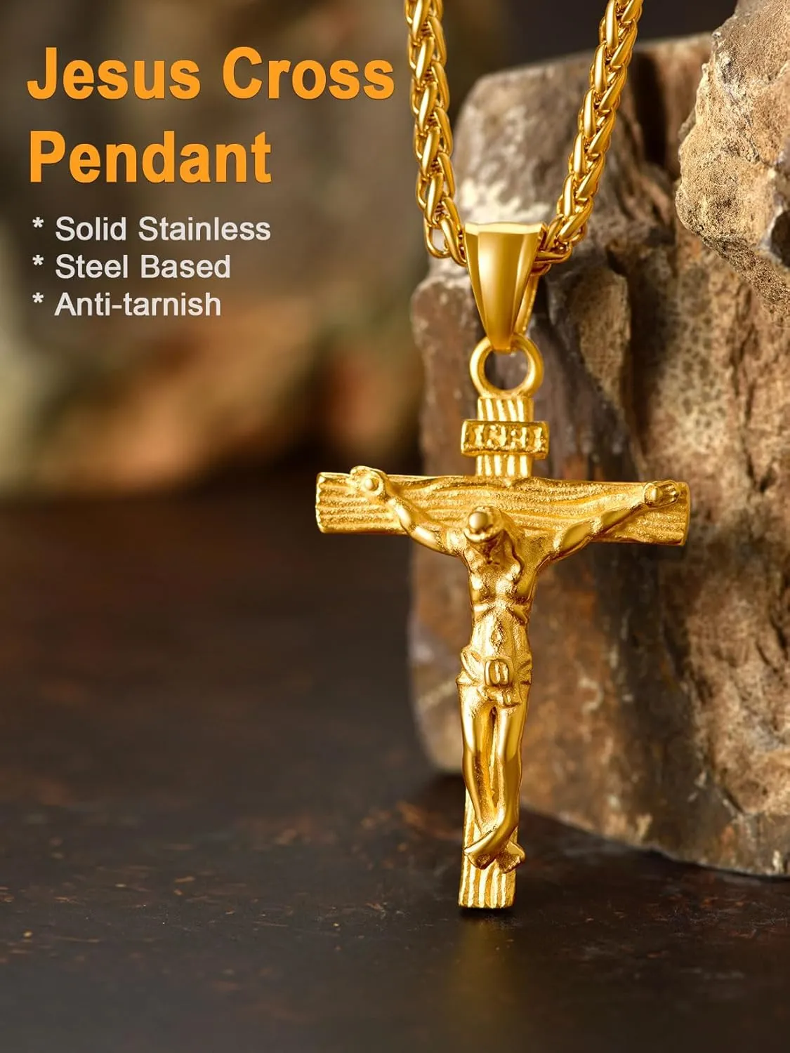 U7 Men Crucifix Cross Pendant with Chain Baptism Christian Jewelry Stainless Steel/18K Gold Antique Jesus Necklace, Gift Packed,Length 22"