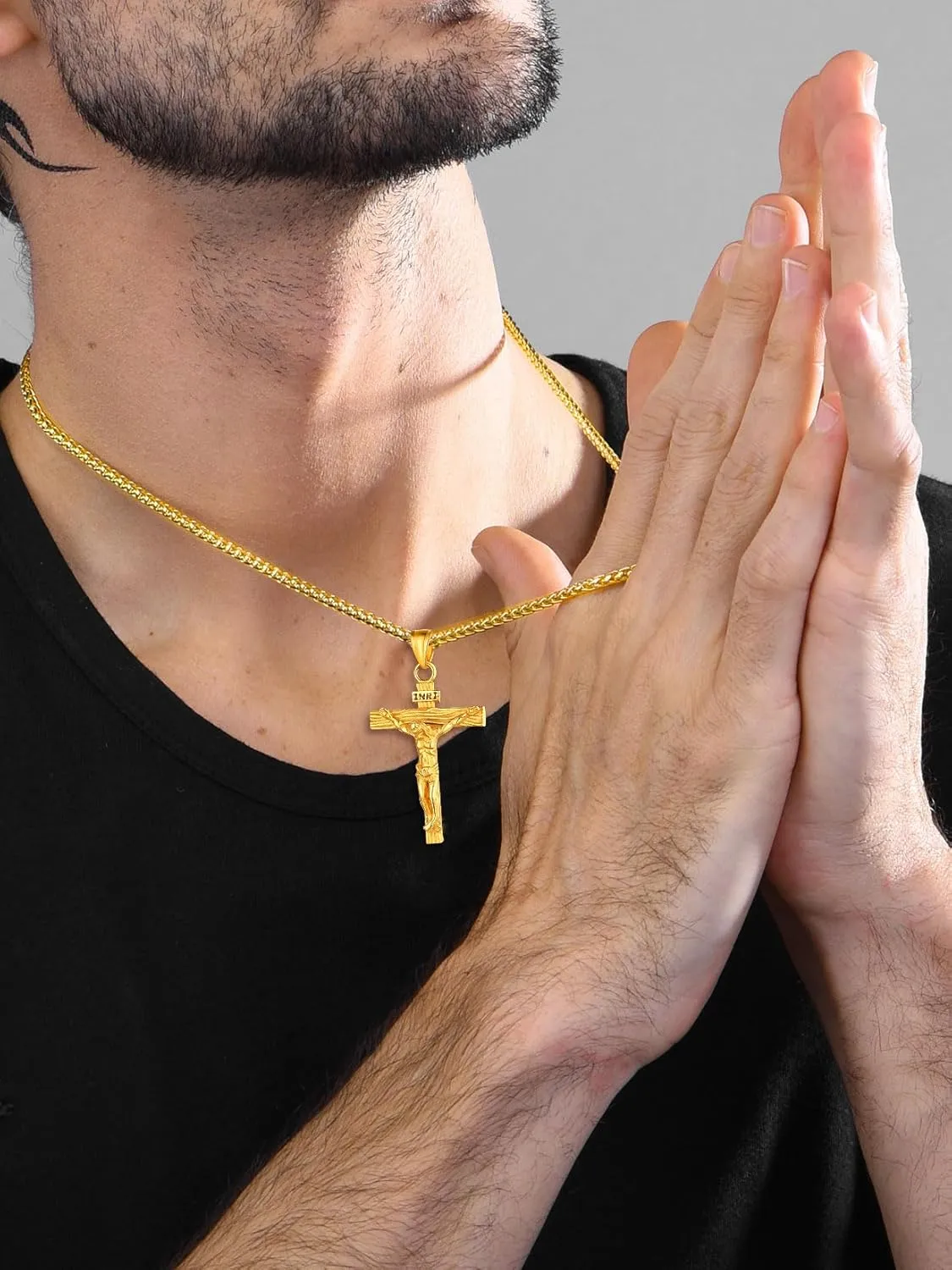 U7 Men Crucifix Cross Pendant with Chain Baptism Christian Jewelry Stainless Steel/18K Gold Antique Jesus Necklace, Gift Packed,Length 22"