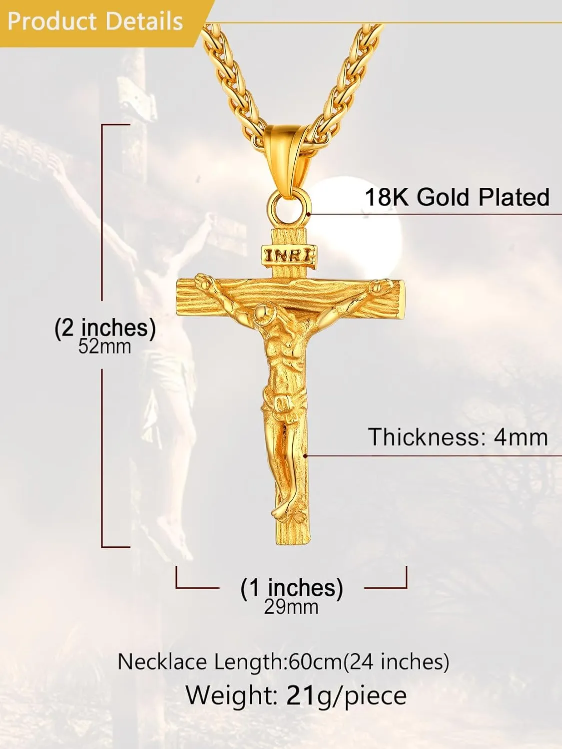 U7 Men Crucifix Cross Pendant with Chain Baptism Christian Jewelry Stainless Steel/18K Gold Antique Jesus Necklace, Gift Packed,Length 22"