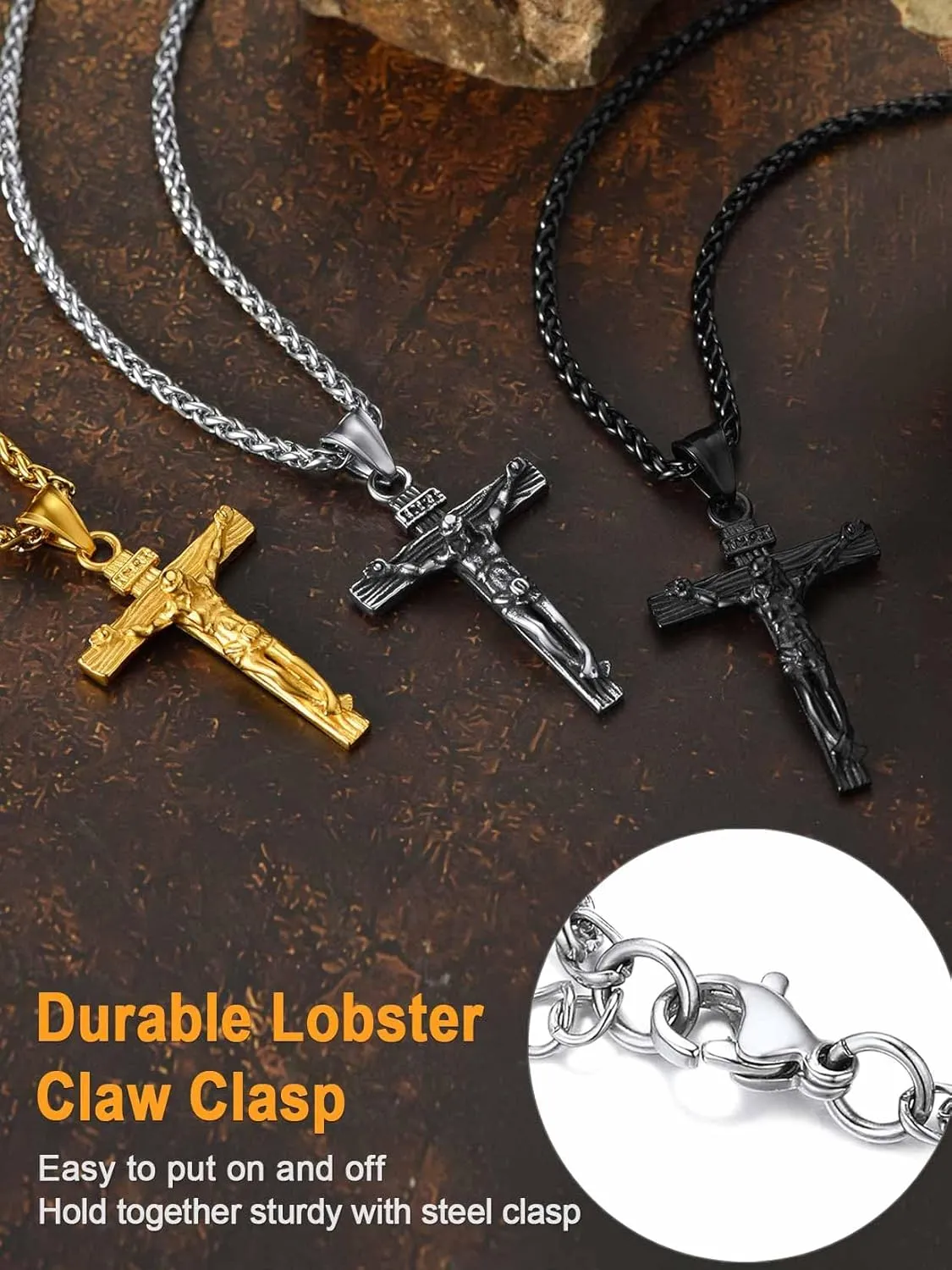 U7 Men Crucifix Cross Pendant with Chain Baptism Christian Jewelry Stainless Steel/18K Gold Antique Jesus Necklace, Gift Packed,Length 22"