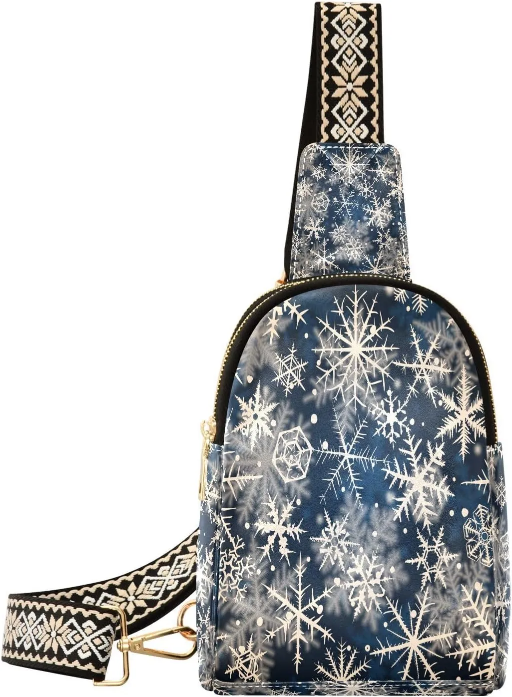 Various Snowflakes Fanny Pack Crossbody PC Leather Small Sling Bag for Women Merry Christmas Fashion Waist Packs Chest Bag for Travel Sports Running Hiking