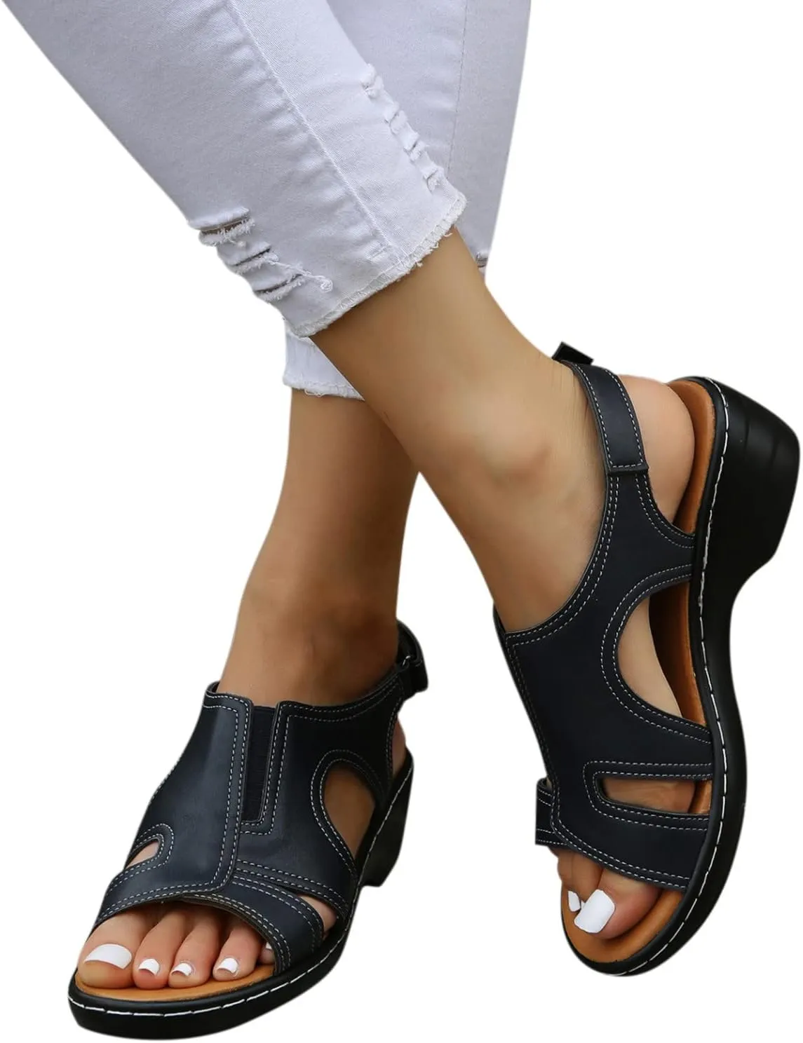 Vifucz Fashion Slippers Women's Fish Mouth Casual Slope Heel Sandals Ankle Strap Beach Sandals Slip On Cutout Wedge Sandals