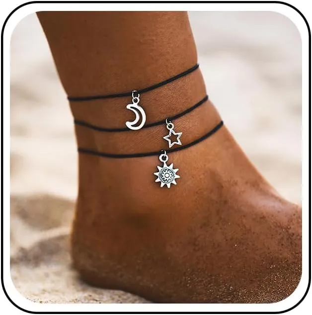 Vintage Layered Sun Moon Star Ankle Bracelet Black Leather Anklet Bracelet Wax Rope Anklet Bracelets Black Waterproof String Anklets Summer Beach Foot Chain Jewelry for Women 3Pcs