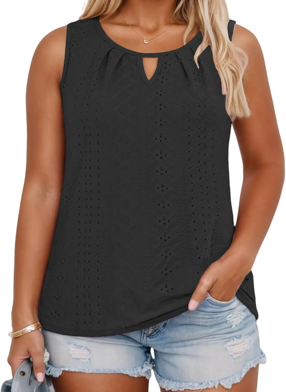 VISLILY Plus-Size-Tank-Tops for Women Summer Trendy Keyhole Neck Shirts Cute Eyelet Tunics Casual Sleeveless Blouse XL-5XL