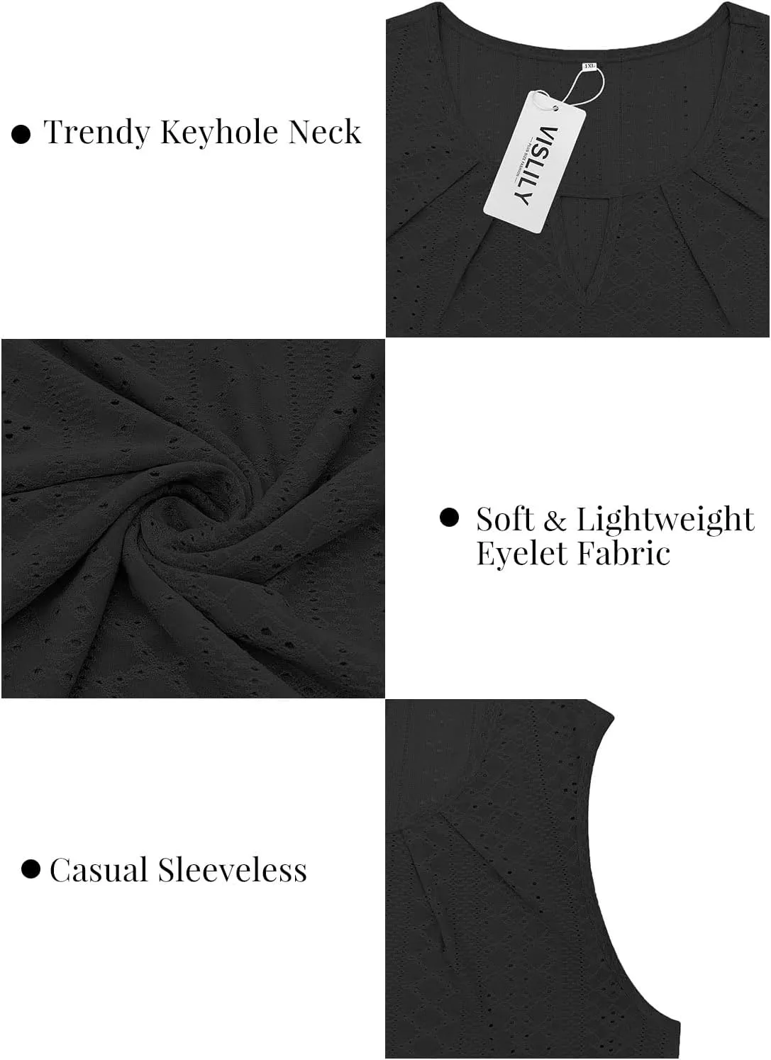 VISLILY Plus-Size-Tank-Tops for Women Summer Trendy Keyhole Neck Shirts Cute Eyelet Tunics Casual Sleeveless Blouse XL-5XL