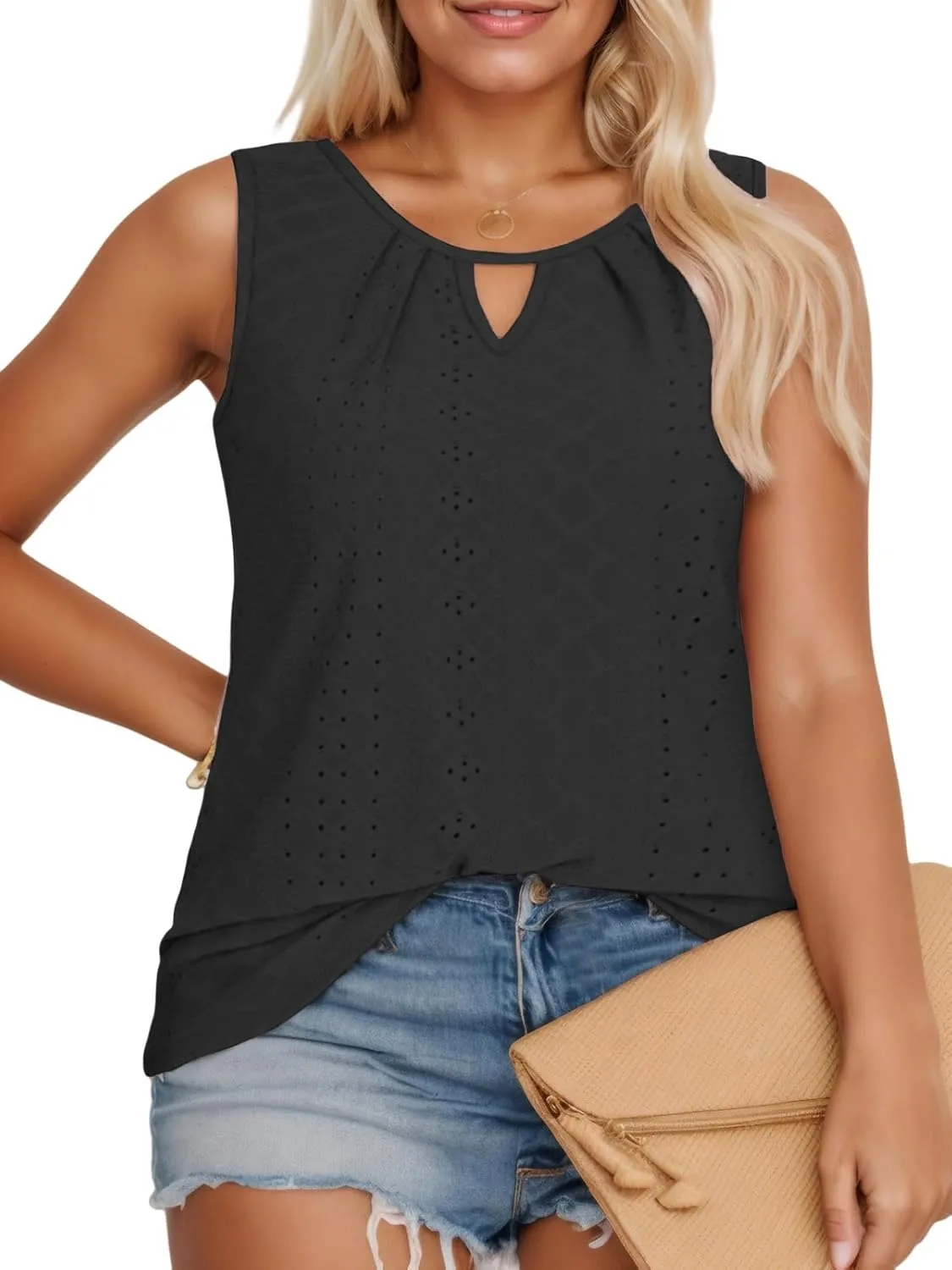 VISLILY Plus-Size-Tank-Tops for Women Summer Trendy Keyhole Neck Shirts Cute Eyelet Tunics Casual Sleeveless Blouse XL-5XL